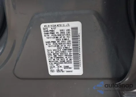 2007 Nissan Murano Sl from USA, damaged, VIN JN8AZ08W57W654085